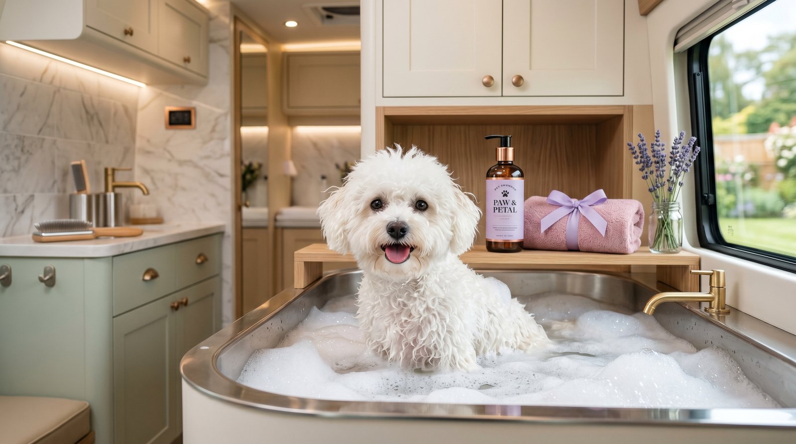 Illustration of a dog relaxing in a luxury bath with botanicals